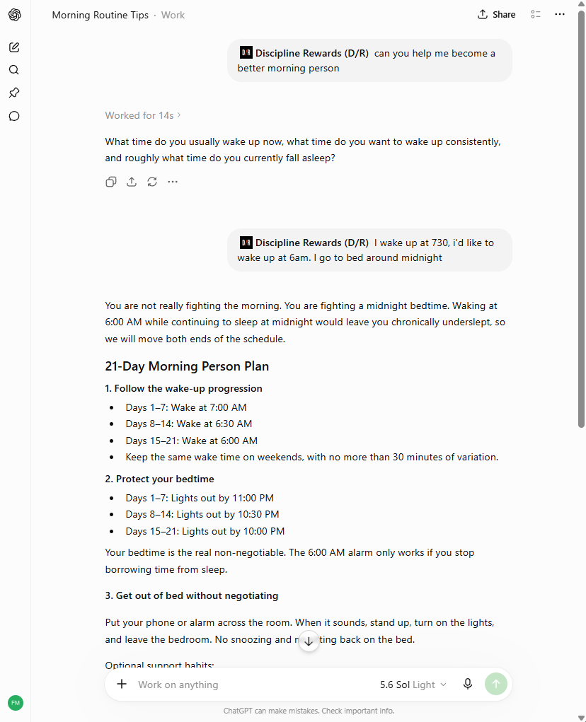 A ChatGPT conversation creating a 21-day morning routine plan
