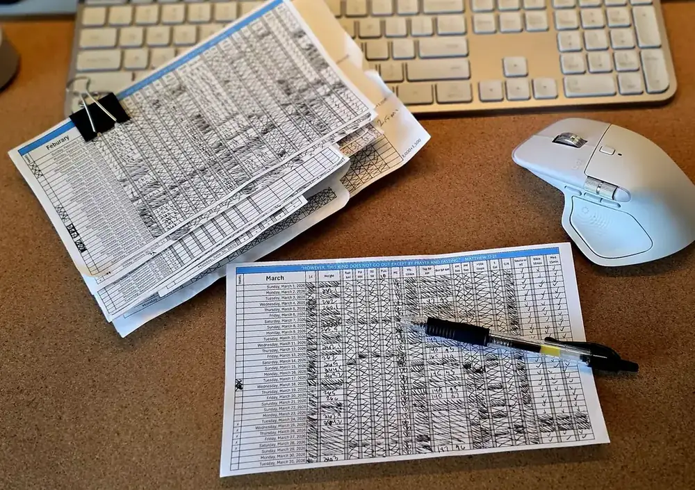 Frank Mesa’s hand-marked paper trackers of daily commitments